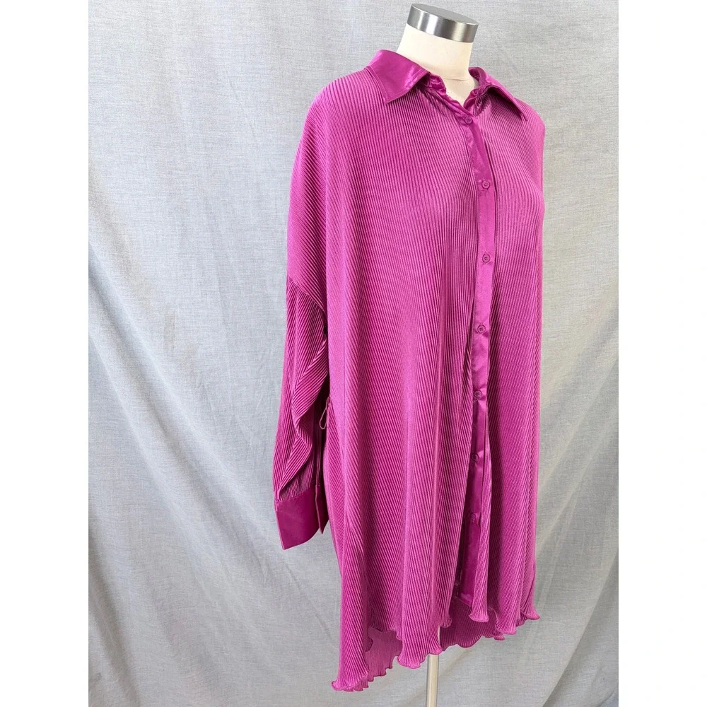 12th Tribe Magenta Pink‎ Plisse Pleated Shirt Dress Oversized Tunic L